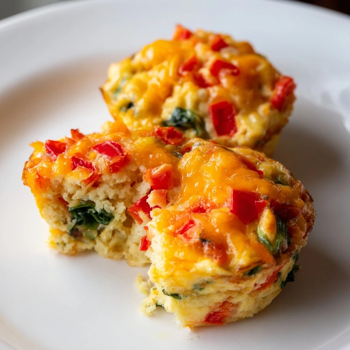 Golden fluffy cottage cheese egg bites with colorful spinach and red pepper pieces ready for breakfast