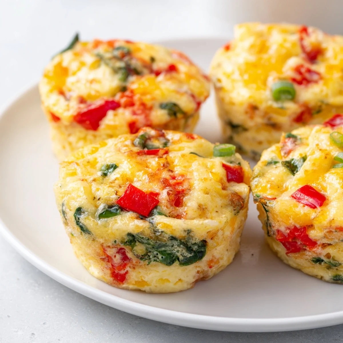 Portable vegetarian cottage cheese egg bites speckled with green onions and vibrant diced vegetables