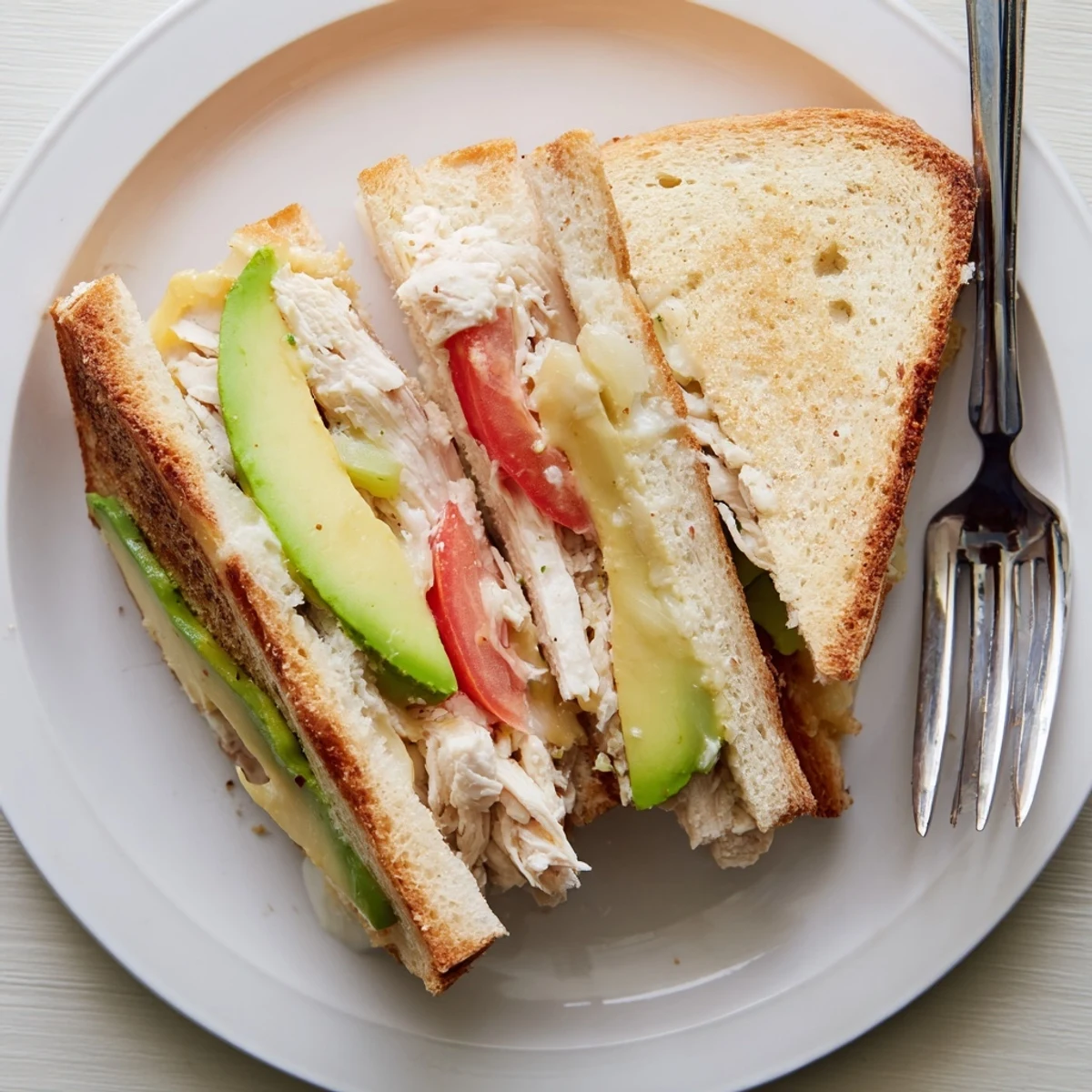 Sliced chicken avocado melt sandwich cut in half revealing creamy avocado and tomato layers