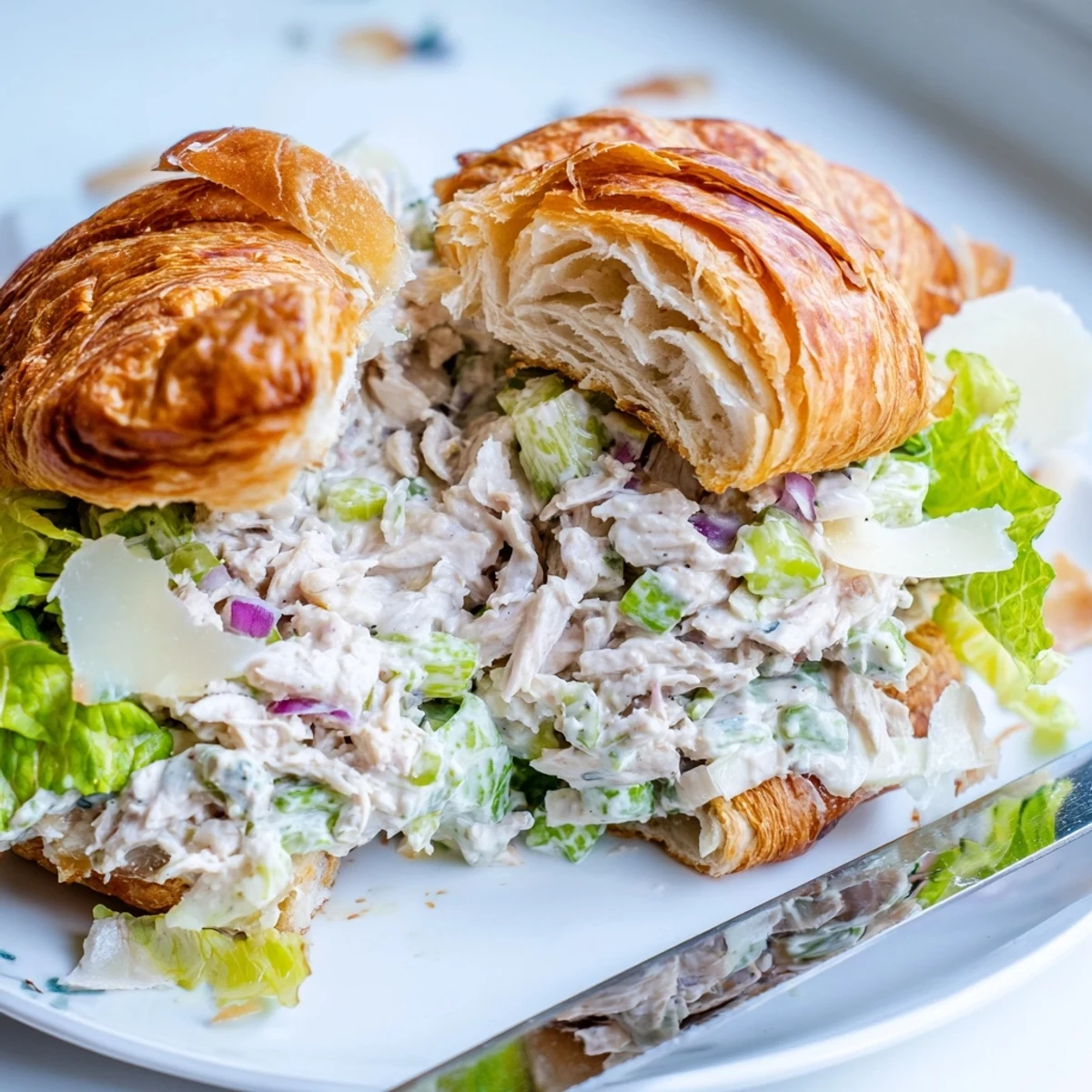 Golden sliced croissant piled high with Chicken Caesar Salad Croissant Sandwich featuring tender chicken and crunchy celery