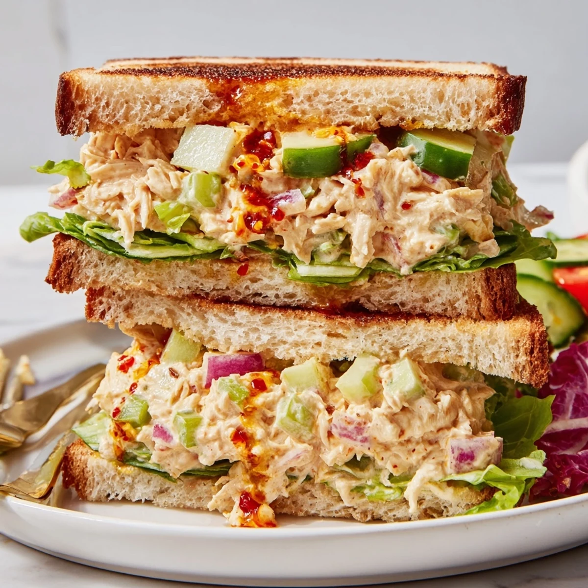 Golden brown chicken salad sandwich topped with fresh vegetables and spicy chili crisp drizzle