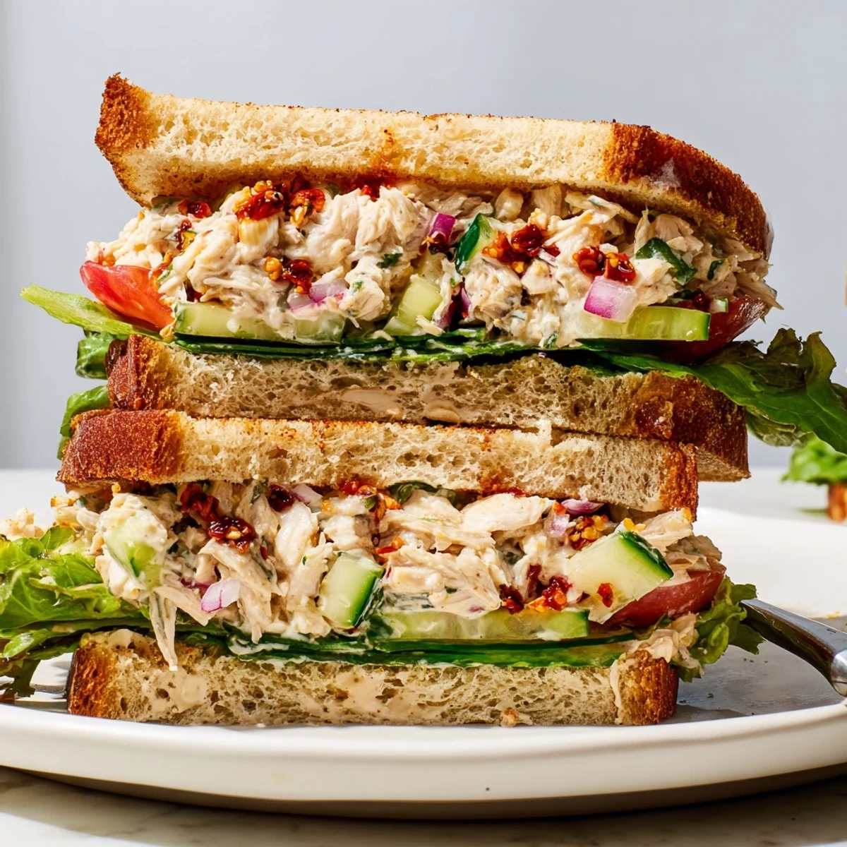 Open-faced chicken salad sandwich with chili crisp served on toasted bread with crisp lettuce