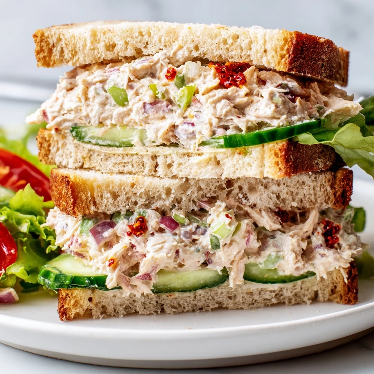 Close-up of chicken salad sandwich featuring chili crisp sauce with cucumber and tomato layers