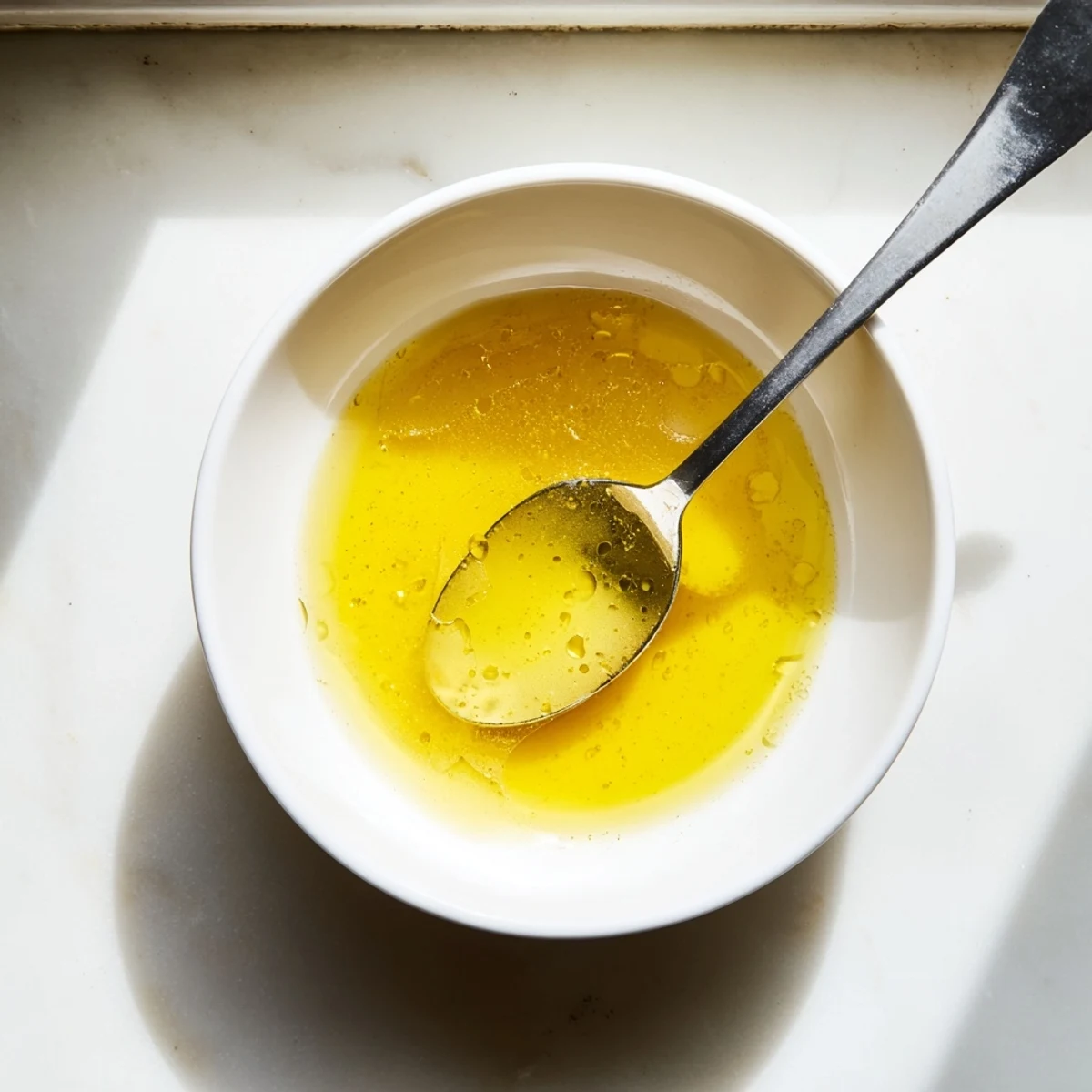 Smooth emulsified vinaigrette with olive oil and honey whisked in a glass jar