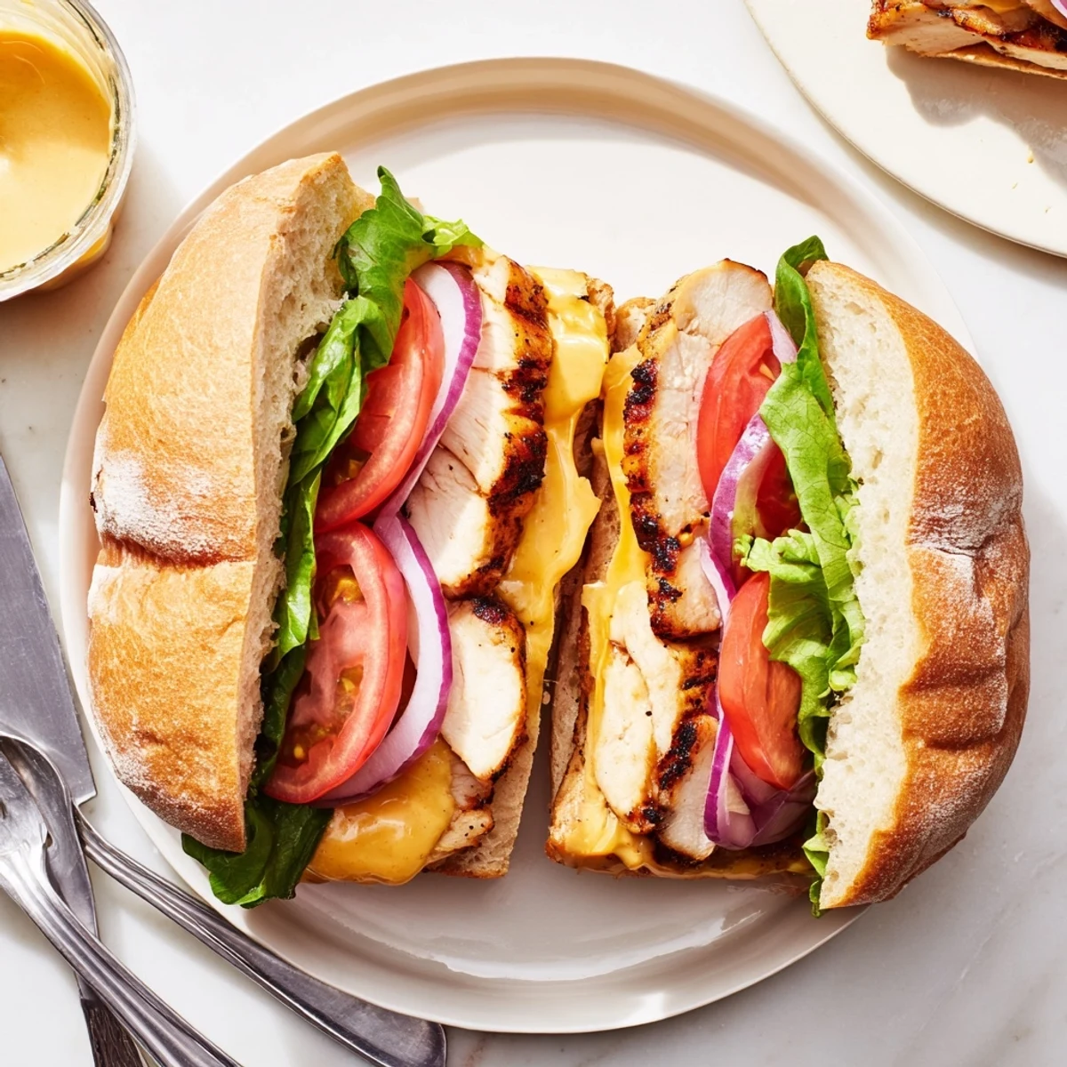 Mouthwatering cross-section of cheesy grilled chicken sandwich revealing juicy spiced chicken with melted cheese and fresh lettuce