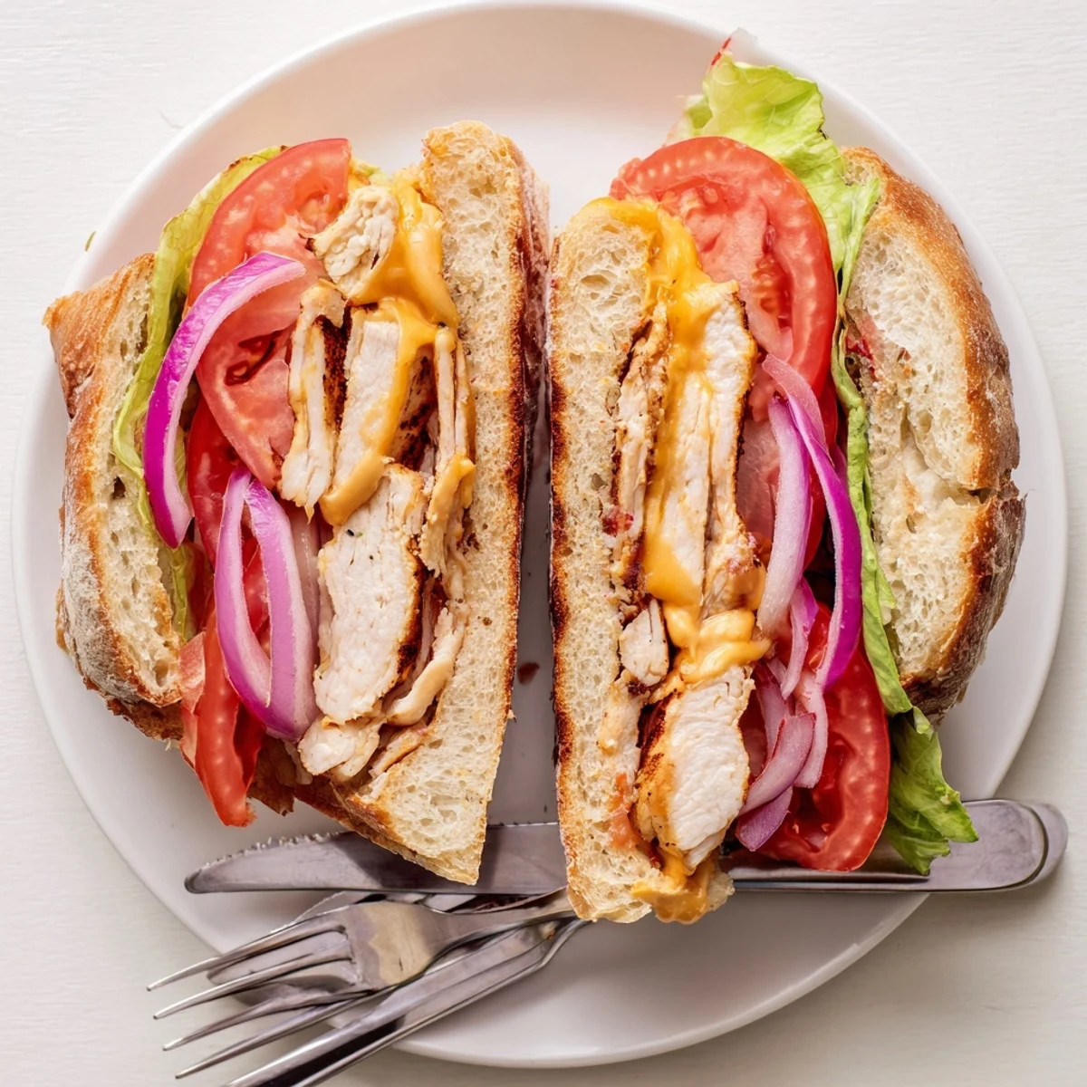 Golden brown cheesy grilled chicken sandwich stacked with melted cheddar and crisp vegetables on toasted bread