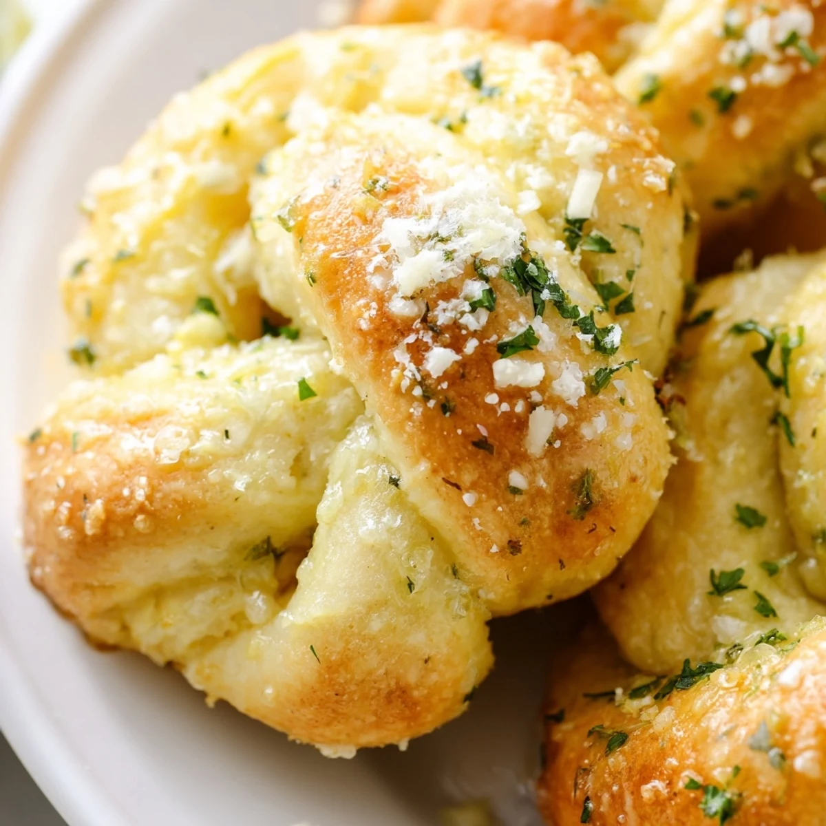 Golden gluten-free garlic knots brushed with melted butter and fresh parsley