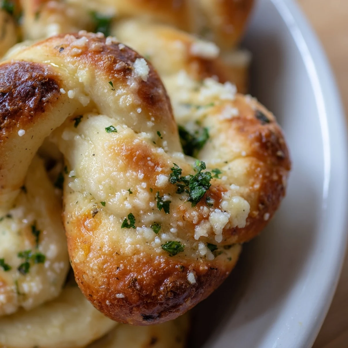 Soft pillowy gluten-free garlic knots arranged on a white serving platter