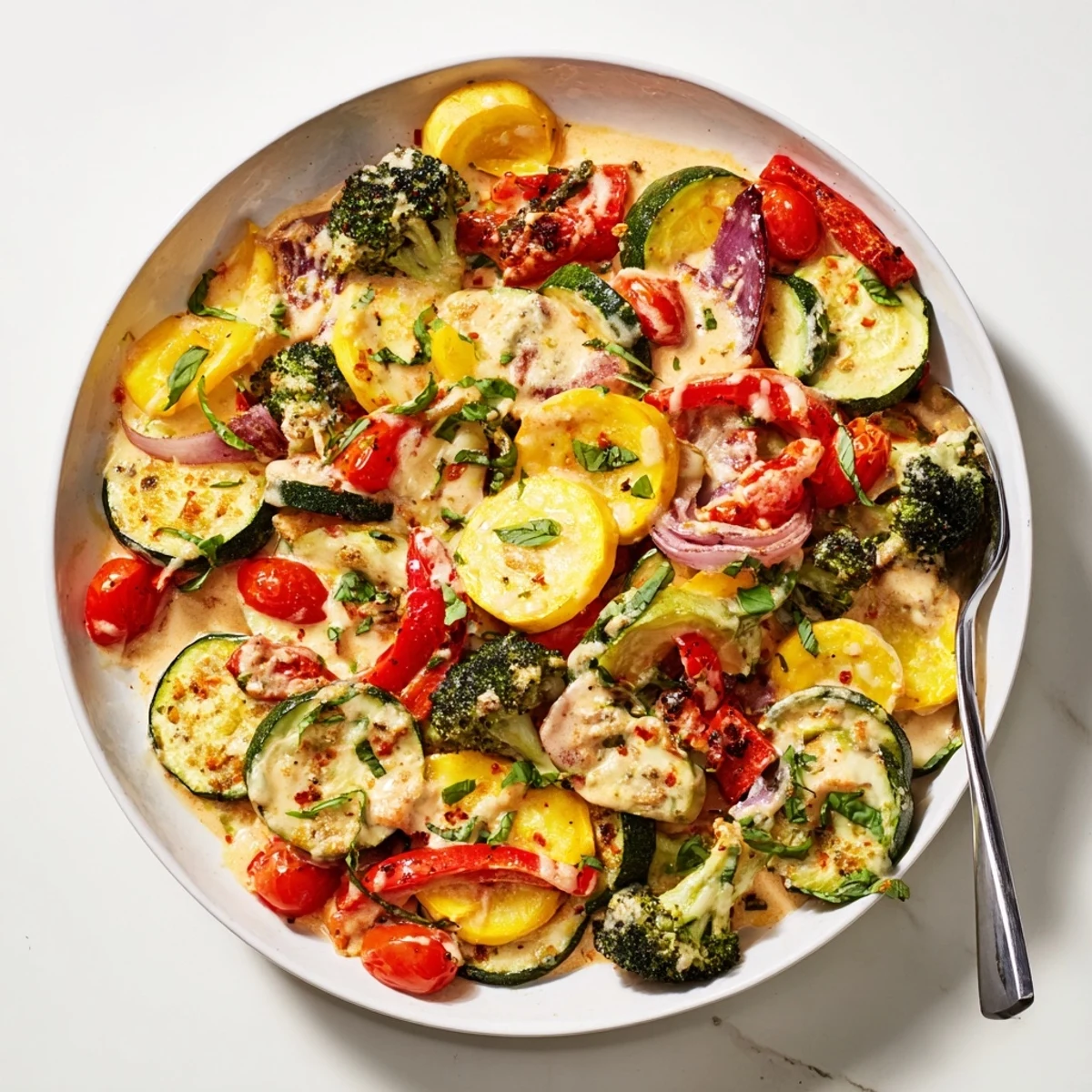 Golden Marry Me roasted vegetable medley drizzled with creamy sun-dried tomato sauce and fresh basil garnish