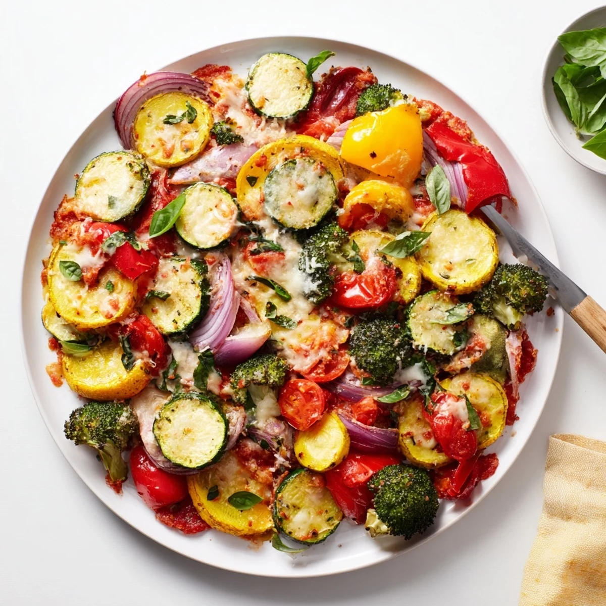 Colorful roasted zucchini bell peppers and broccoli tossed in rich sun-dried tomato cream sauce for a stunning presentation