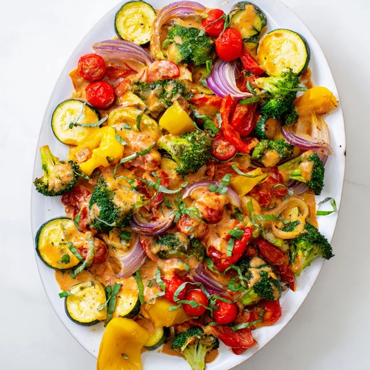 Vibrant oven-roasted vegetable medley coated in savory Parmesan sun-dried tomato sauce served on a white platter