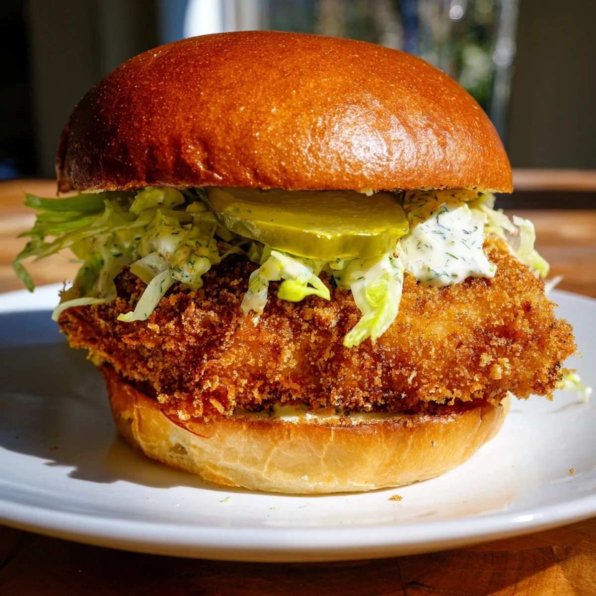 Golden brown crispy dill chicken sandwich loaded with pickles and creamy dill mayo on toasted brioche bun