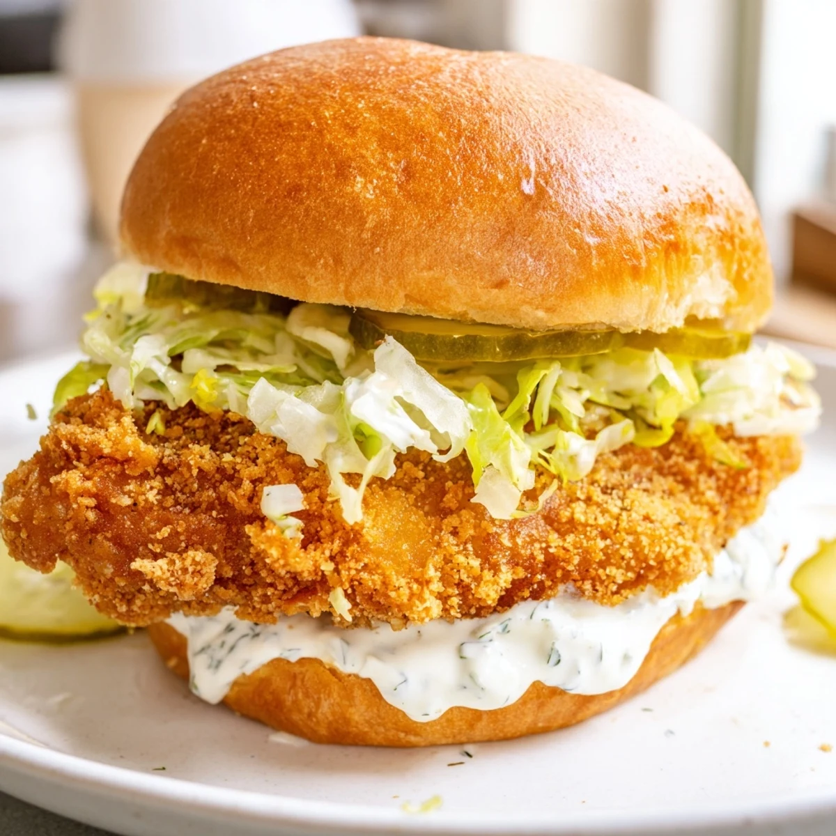 Close-up of American crispy dill chicken sandwich showcasing golden fried chicken breast with fresh dill seasoning and crunchy pickles