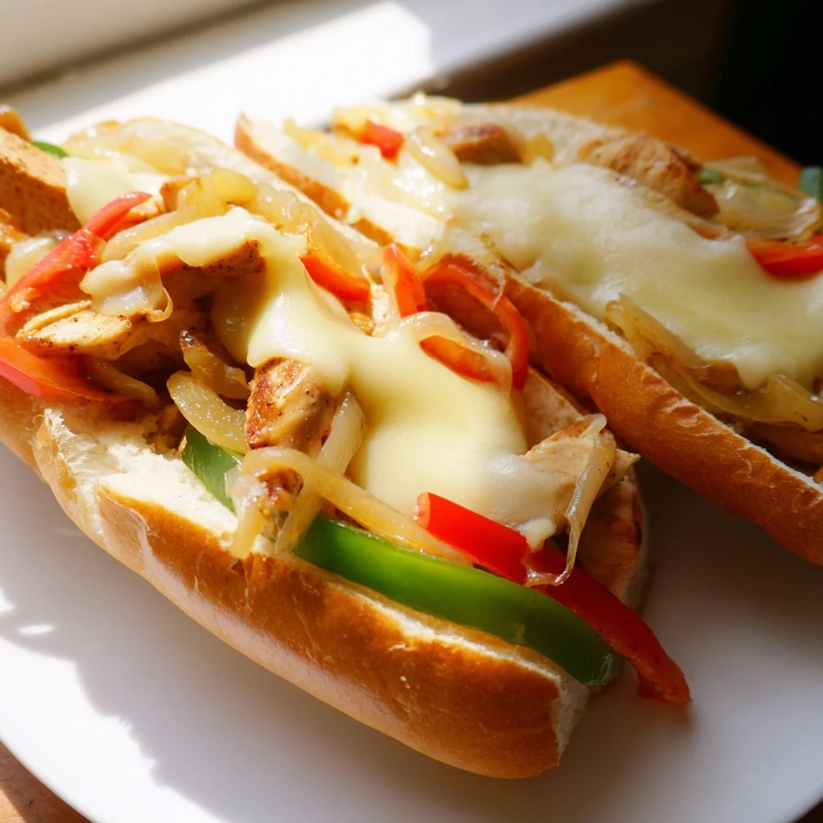 Golden melted provolone draped over seasoned chicken and colorful peppers in a toasted hoagie roll