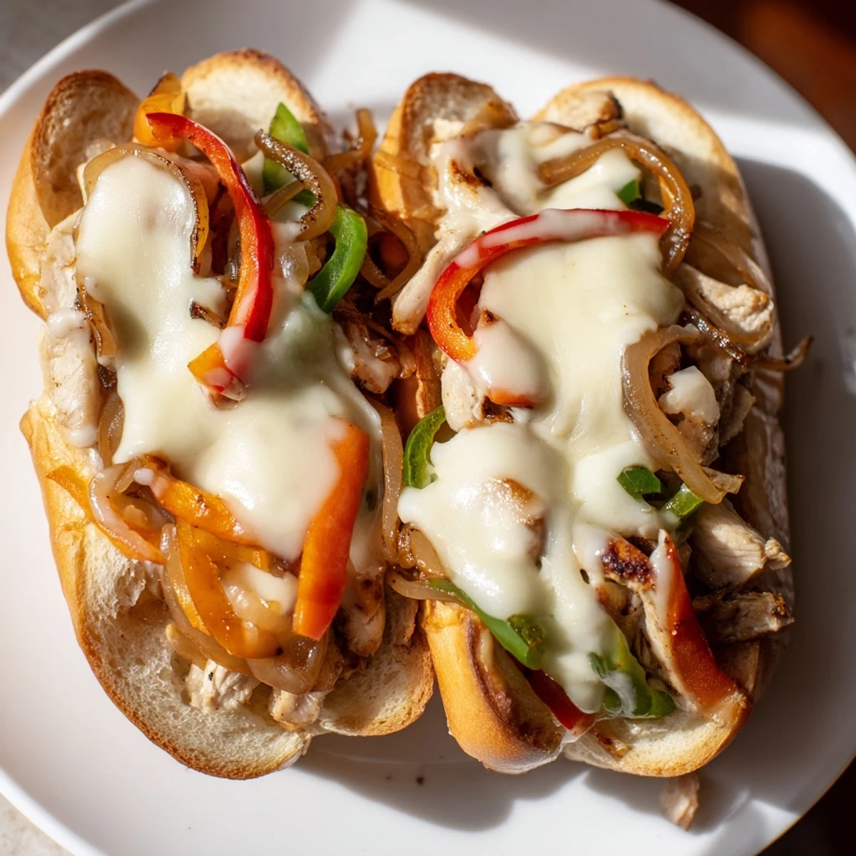 Tender sliced chicken breast with sautéed onions and bell peppers piled into a warm sub sandwich