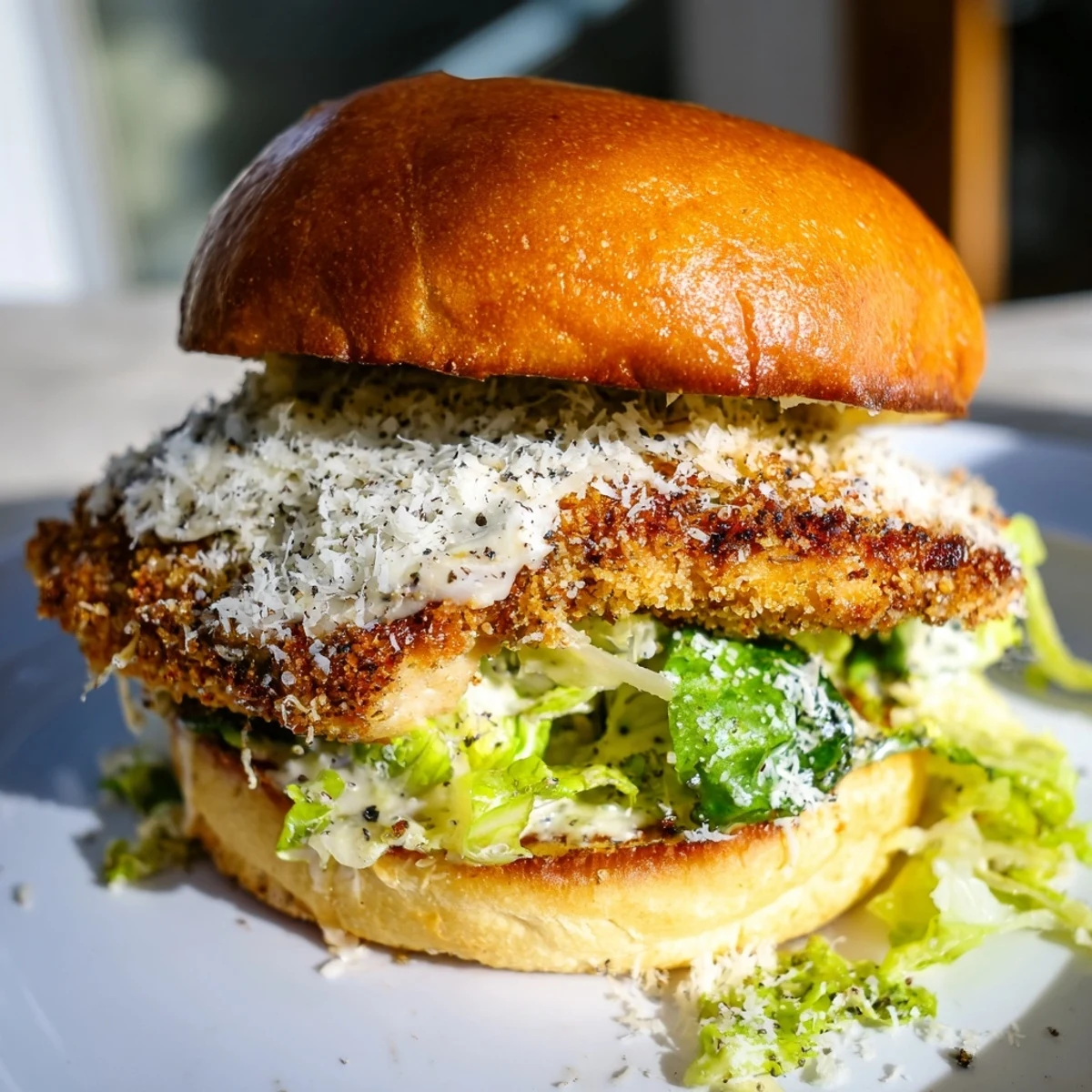 Toasted bun overflowing with crispy fried chicken breast and tangy Caesar dressing with shredded lettuce