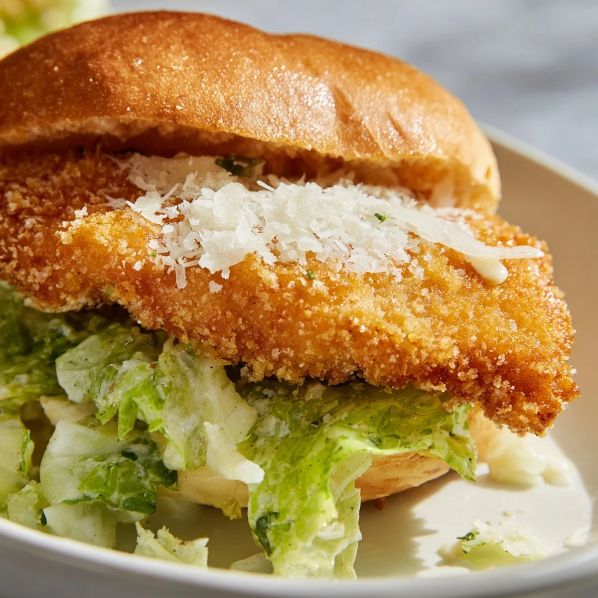 Close-up of chicken Caesar sandwich featuring crunchy breaded chicken fillet and cool lettuce layers