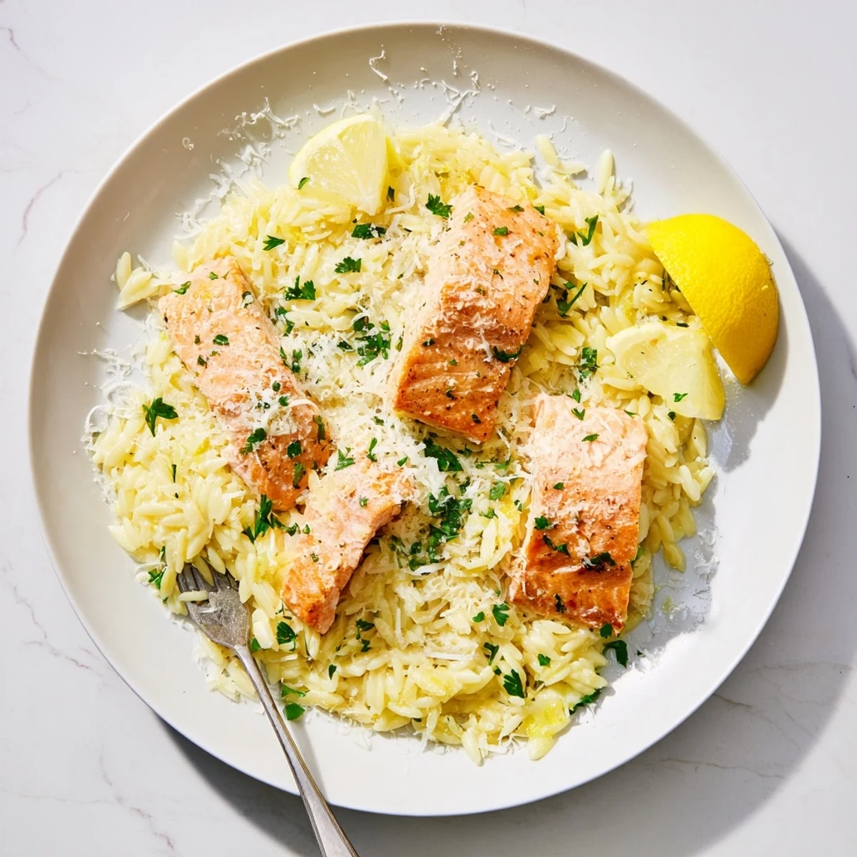 Creamy orzo pasta topped with perfectly cooked salmon and fresh parsley in a single pan