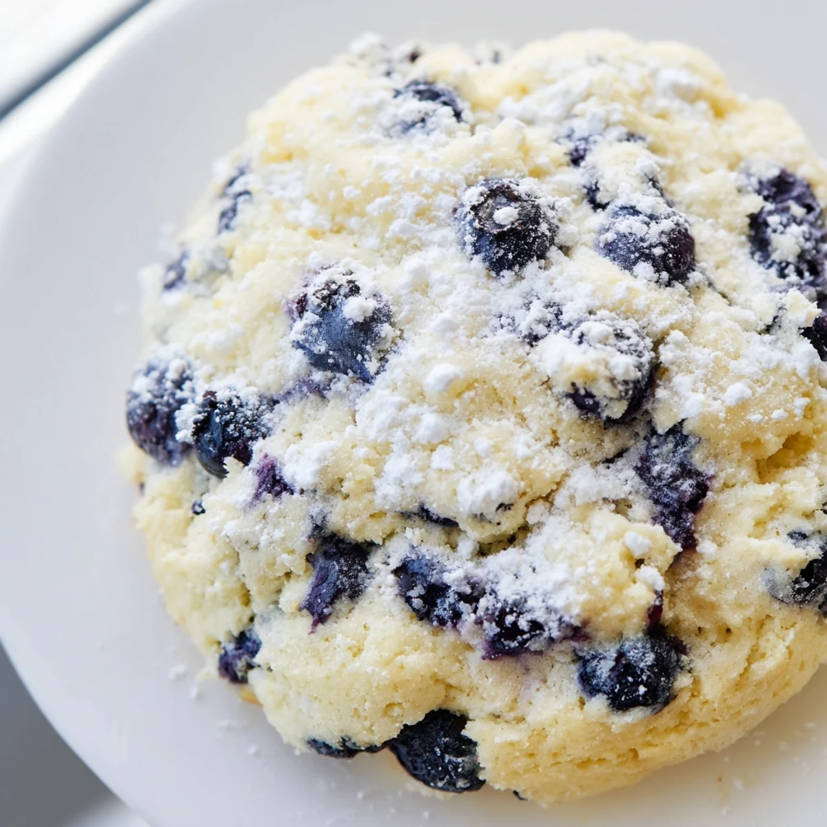 Golden soft lemon blueberry cookies topped with powdered sugar on a white plate