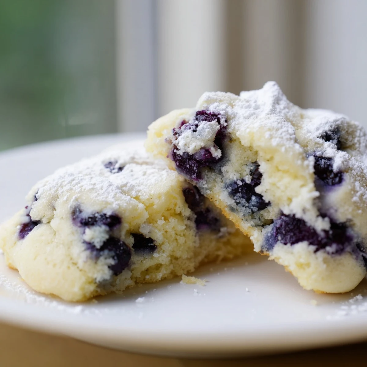 Stack of soft lemon blueberry cookies with bright lemon zest and blueberry speckles