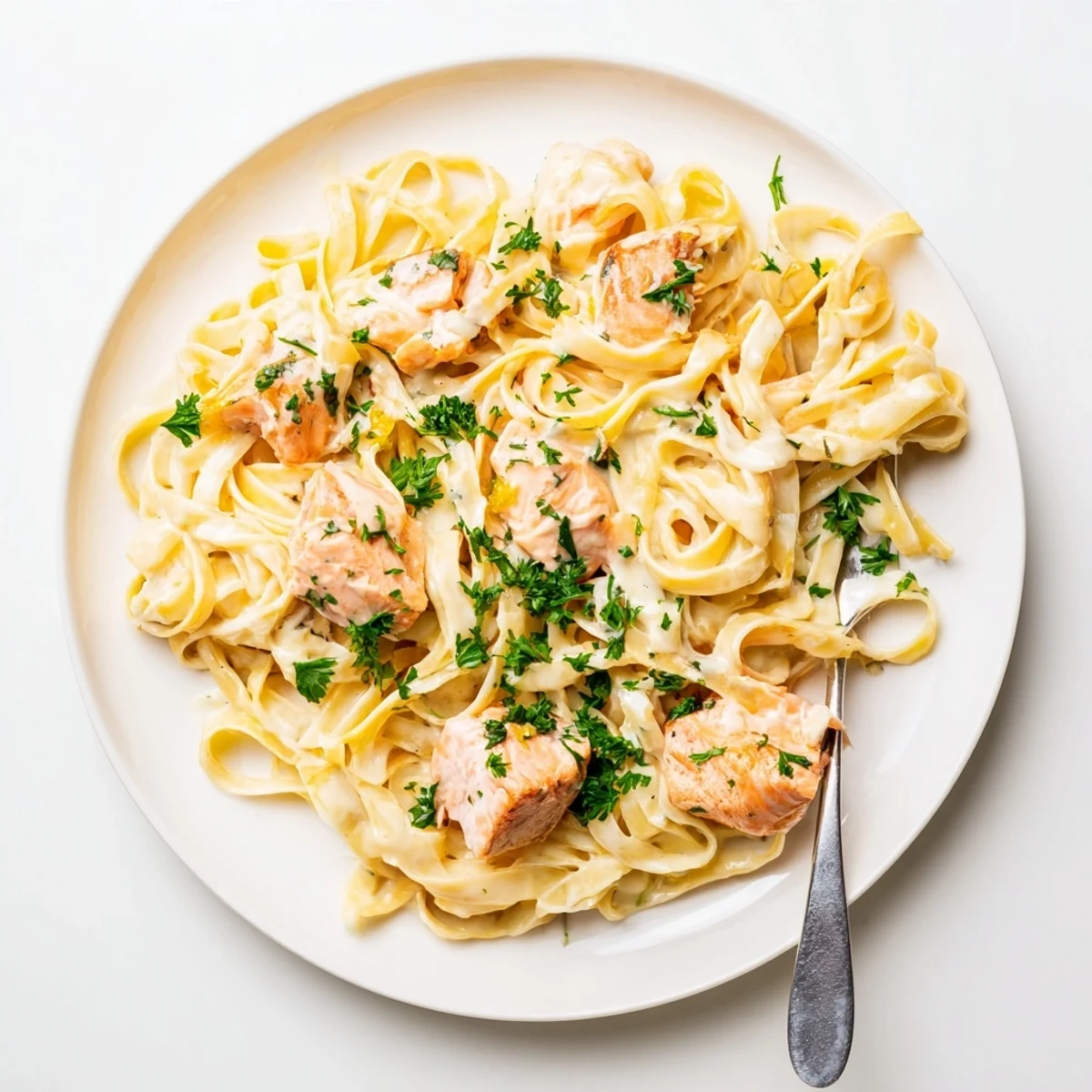 Tender fettuccine coated in rich garlicky cream sauce topped with lemon butter salmon chunks