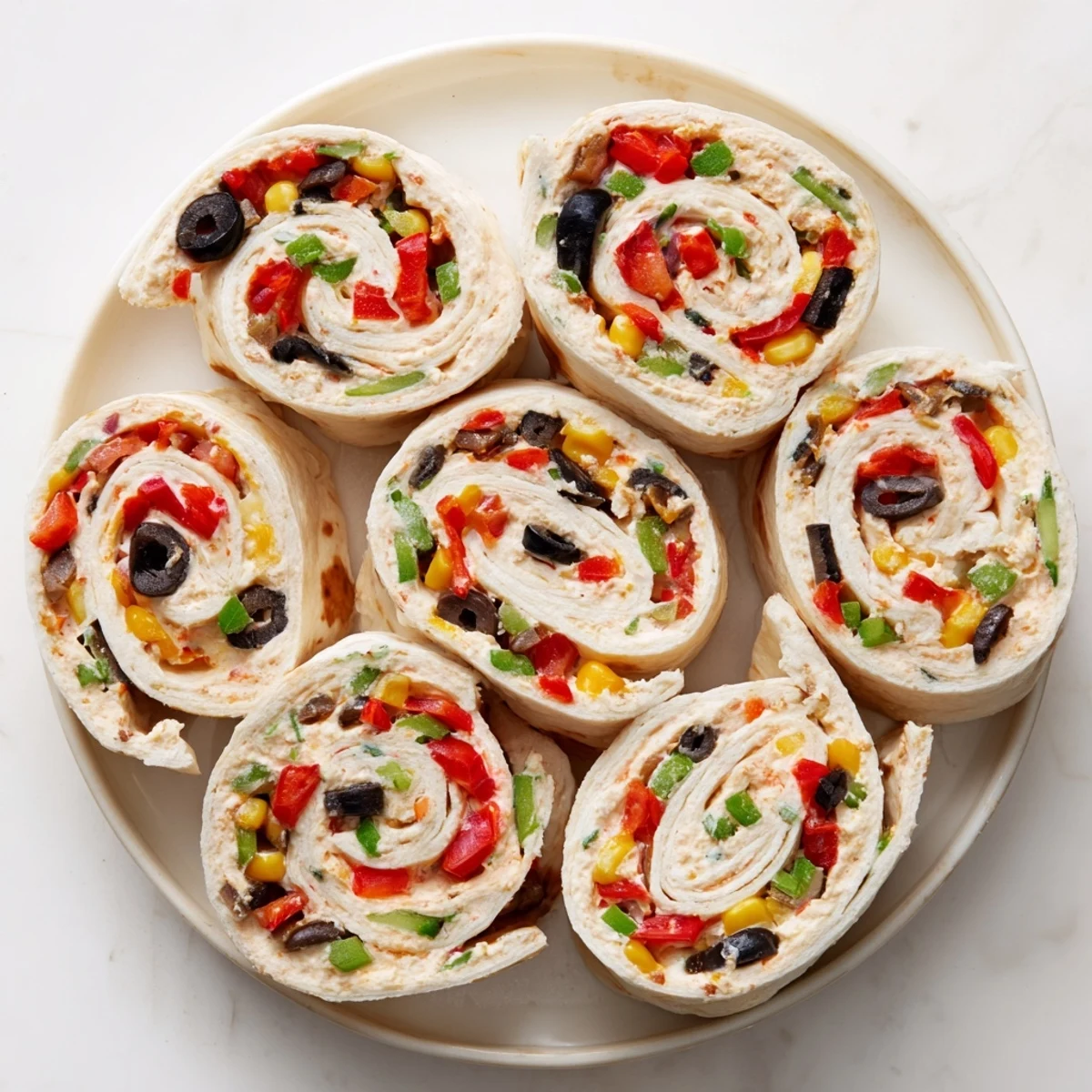 Appetizing spiral slices of Taco Cream Cheese Pinwheels arranged for party guests