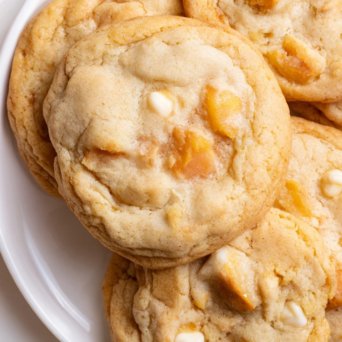 Soft homemade Peaches and Cream Cookies with juicy peach pieces on a white wire cooling rack