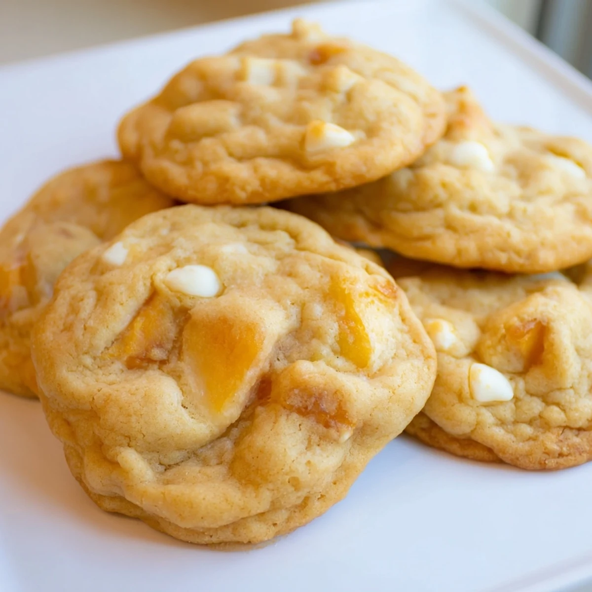 Chewy Peaches and Cream Cookies featuring diced peaches and creamy white chocolate on parchment paper