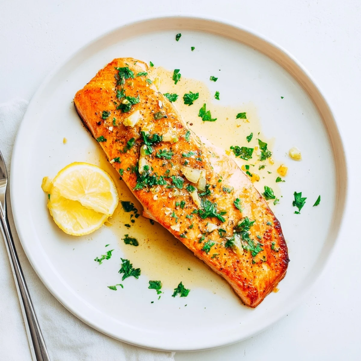 Crispy skinned salmon swimming in rich lemon garlic butter served on white dinner plate