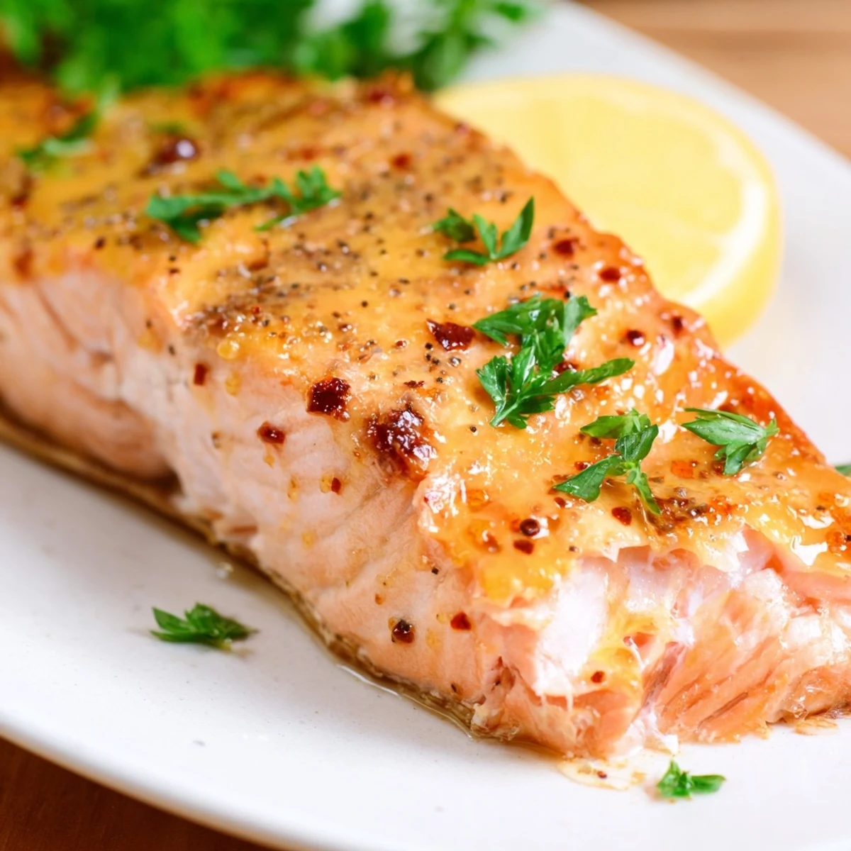 Golden baked Texas Roadhouse style salmon with buttery lemon-pepper glaze on white plate
