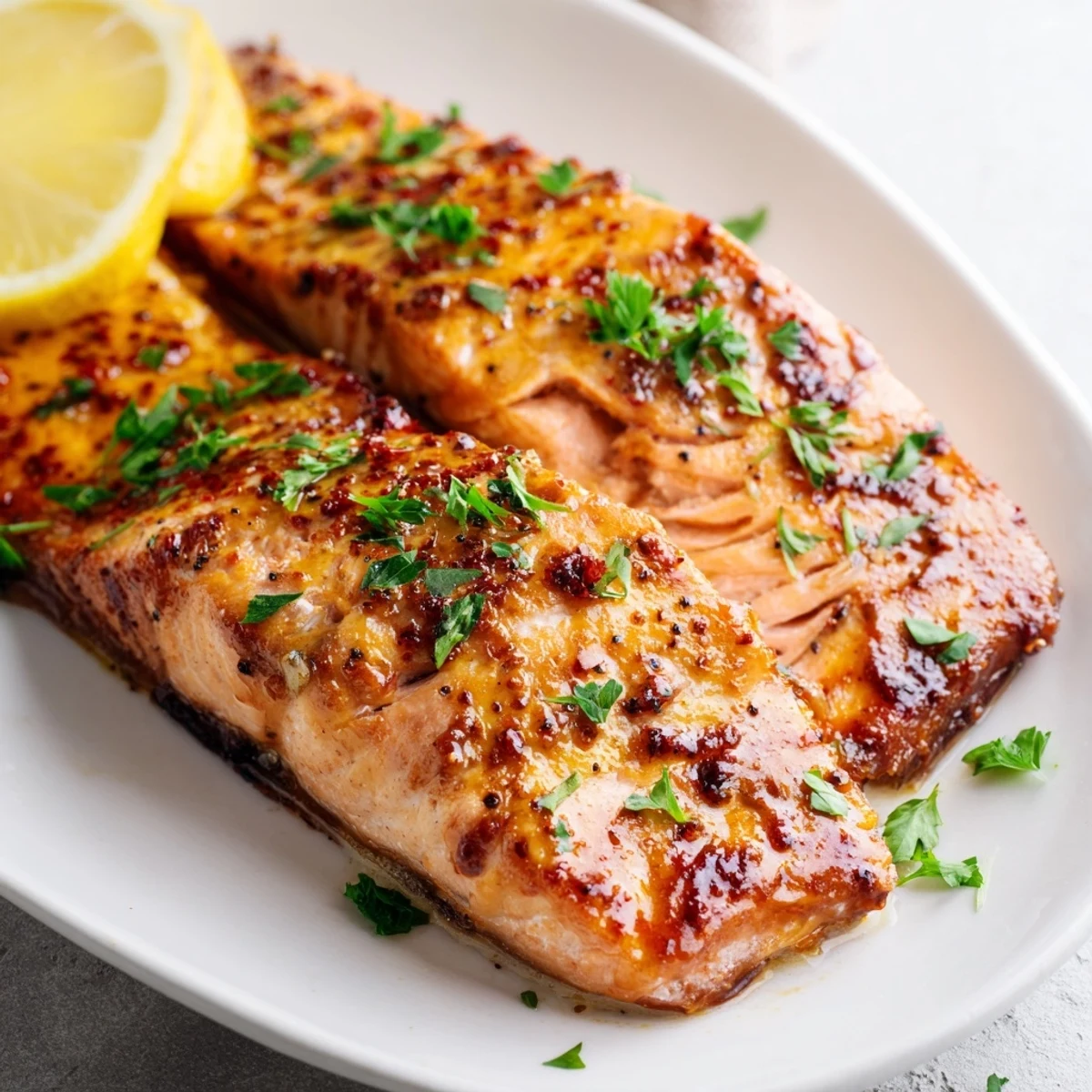 Flaky salmon fillet caramelized with smoky paprika butter glaze and fresh lemon garnish