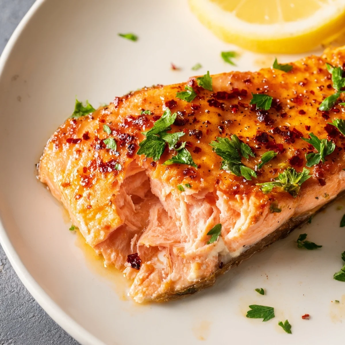 Tender oven-baked salmon brushed with lemon garlic butter sauce and parsley sprinkles