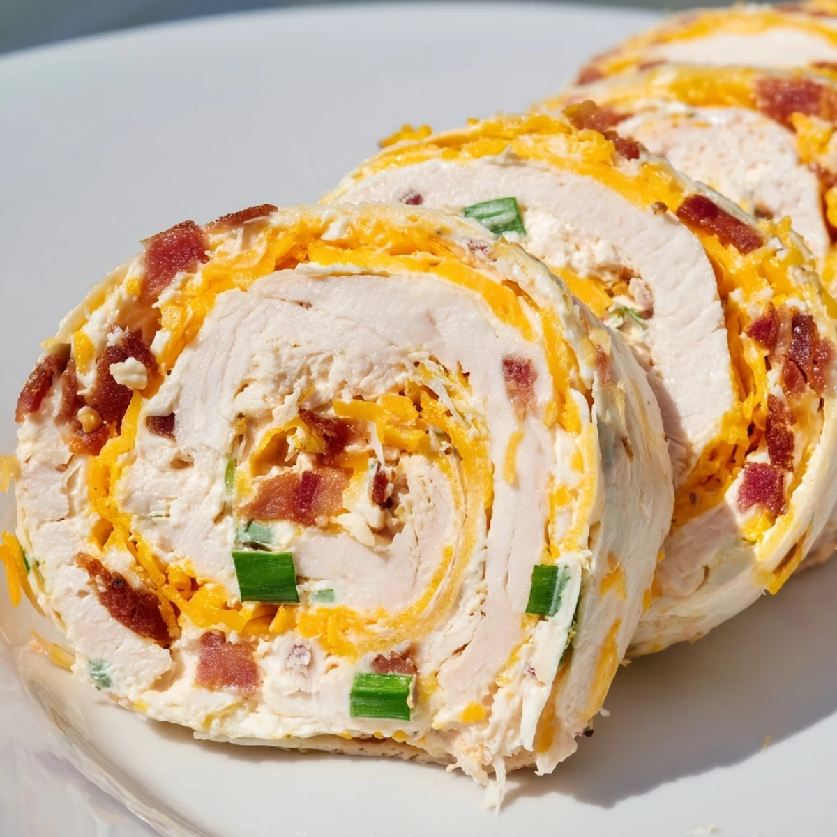 Creamy crack chicken pinwheels sliced into rounds with visible bacon bits and green onions
