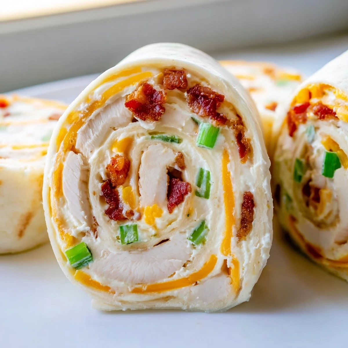 Party-ready crack chicken pinwheels arranged on white plate with golden cheddar and crispy bacon