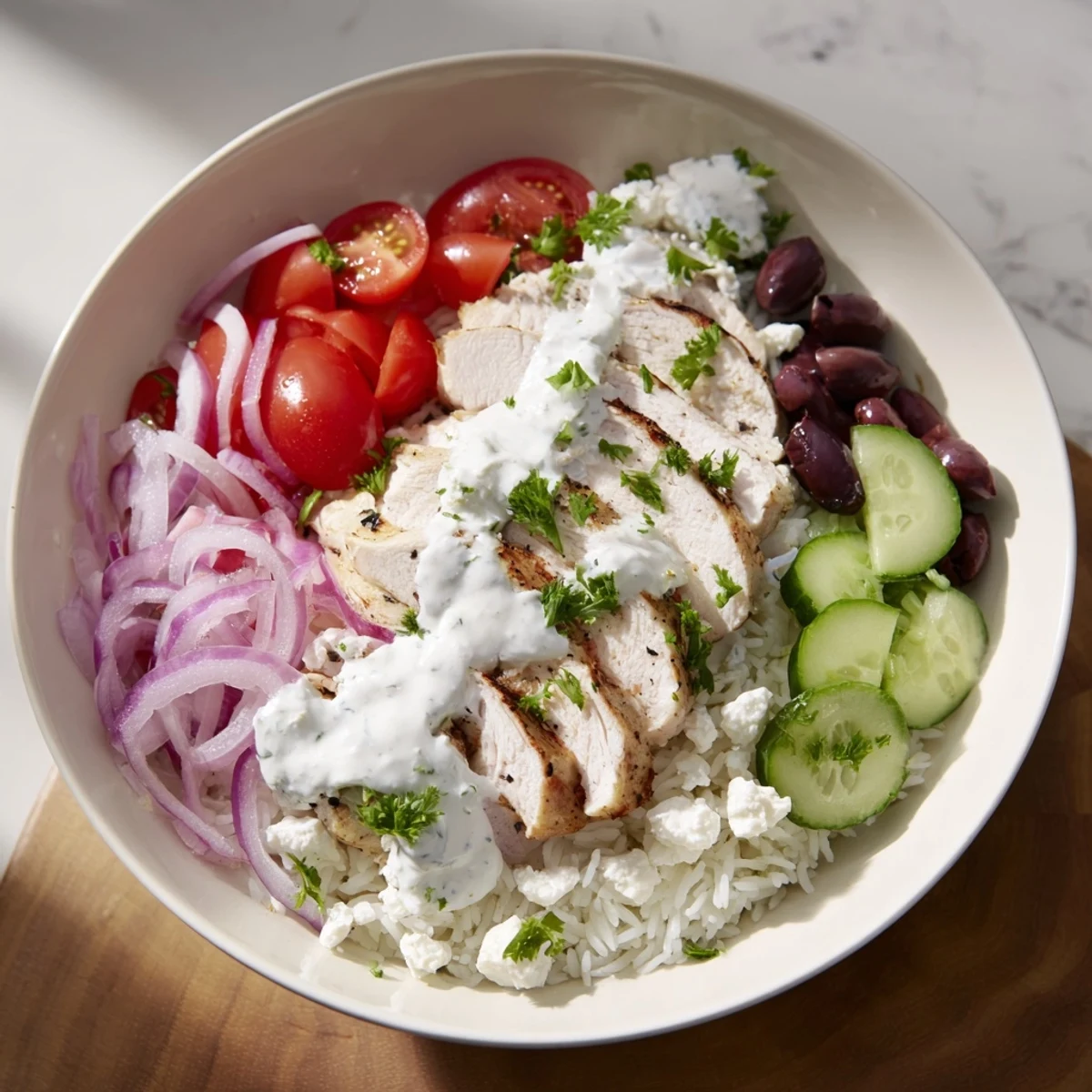 Fluffy rice topped with tender Greek chicken bowls, cherry tomatoes, cucumber, and tangy feta
