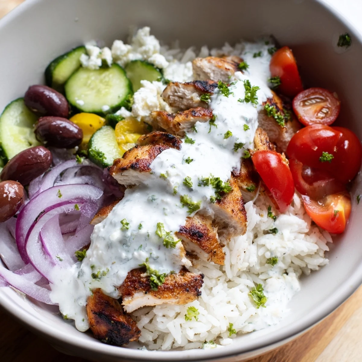 Golden grilled Greek chicken bowls with fluffy rice, fresh vegetables, and creamy tzatziki sauce