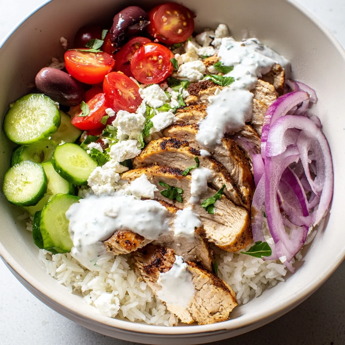 Homemade Greek chicken bowls featuring marinated meat, colorful Mediterranean toppings, and yogurt drizzle