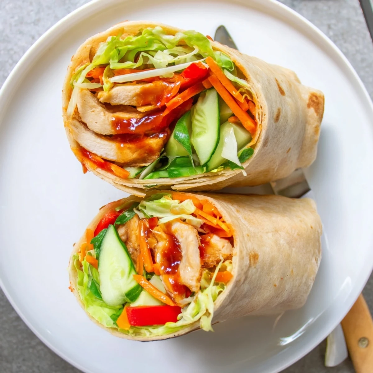 Golden chicken strips with crisp vegetables wrapped in flour tortillas with sweet chili sauce