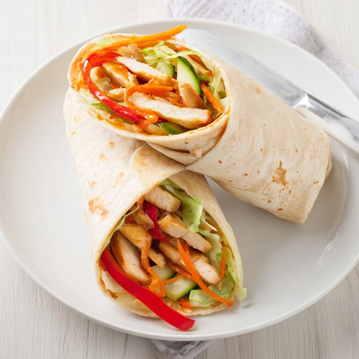 Hand-held flour tortilla filled with juicy seasoned chicken and crunchy vegetables drizzled with sweet chili sauce