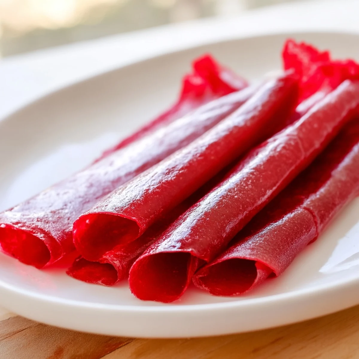 Bright red homemade fruit roll ups drying on a parchment lined baking sheet