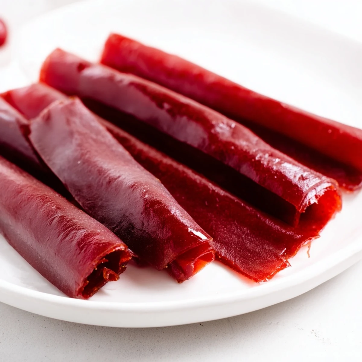 Colorful chewy homemade fruit roll ups rolled into portable snacks for easy snacking