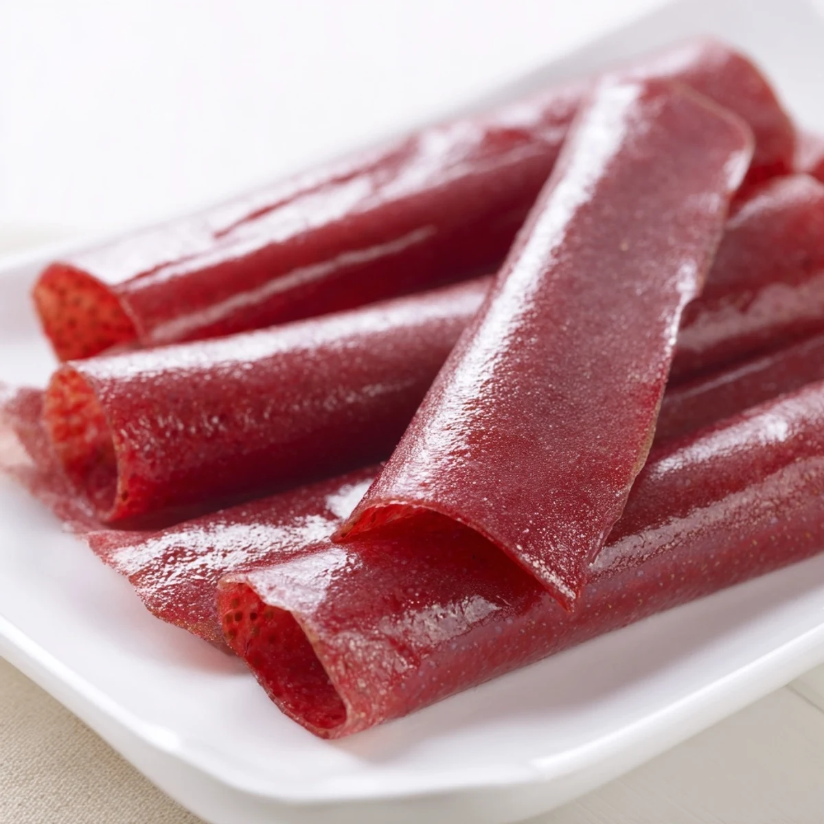 Smooth strawberry puree spread thin for homemade fruit roll ups ready for dehydration