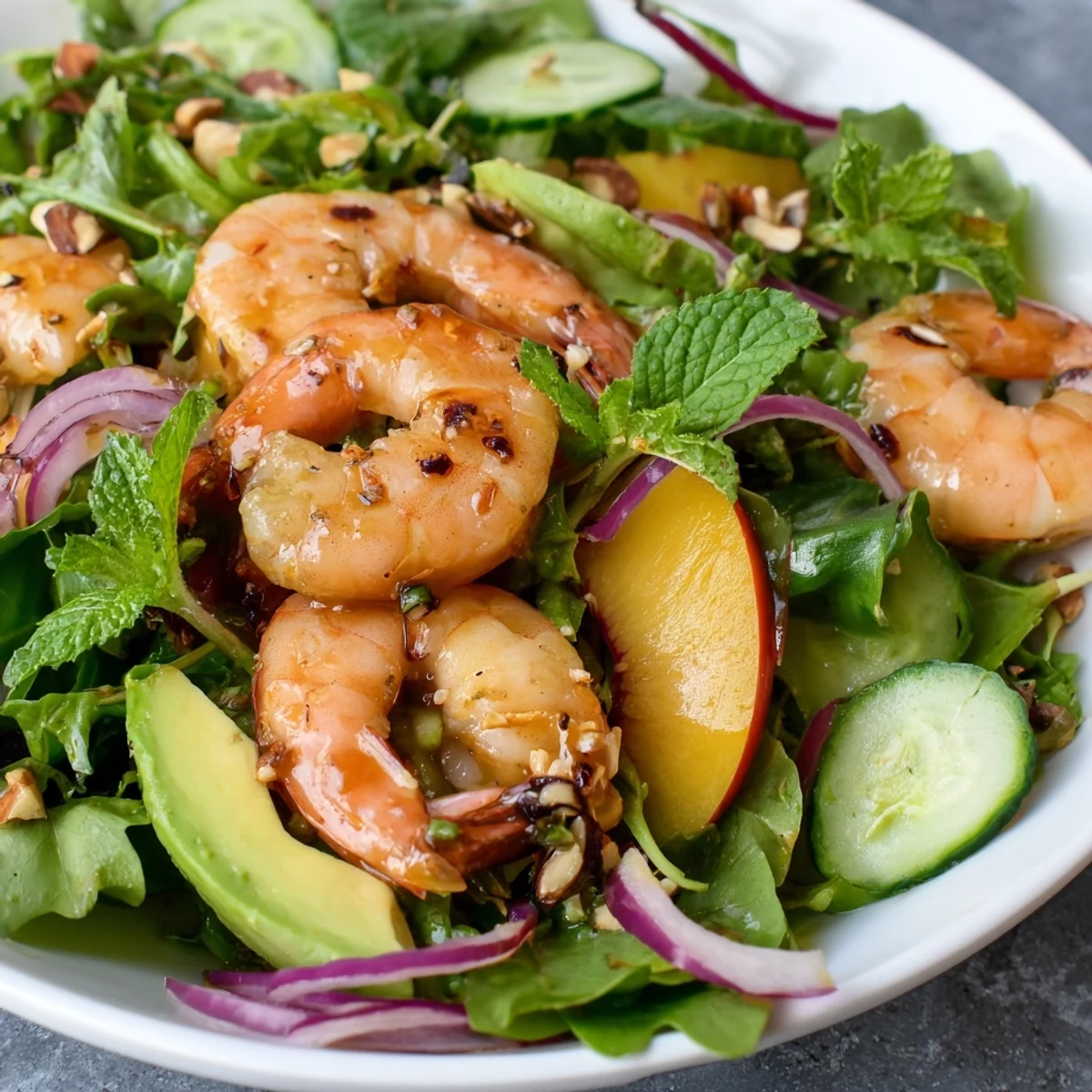 Golden grilled shrimp atop juicy sliced nectarines and crisp arugula with zesty lime dressing