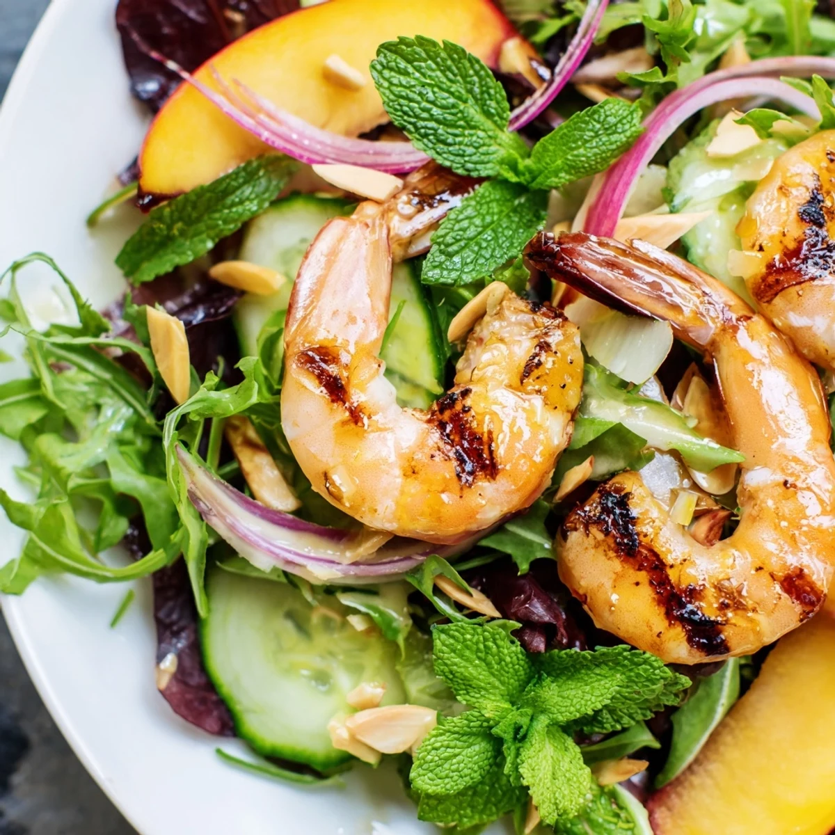 Summer shrimp and nectarine salad featuring ripe fruit avocado honey lime glaze and mint