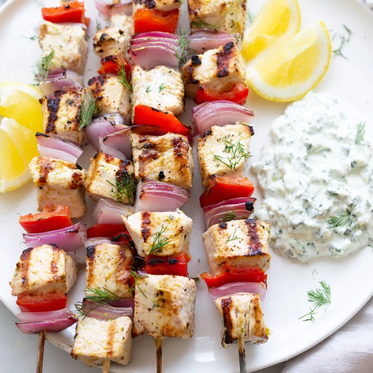 Golden grilled Greek lemon chicken skewers served with creamy homemade tzatziki sauce and fresh lemon wedges