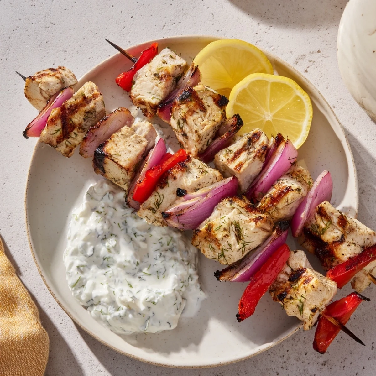 Tender marinated chicken threaded on skewers with colorful peppers alongside a bowl of cool cucumber yogurt tzatziki