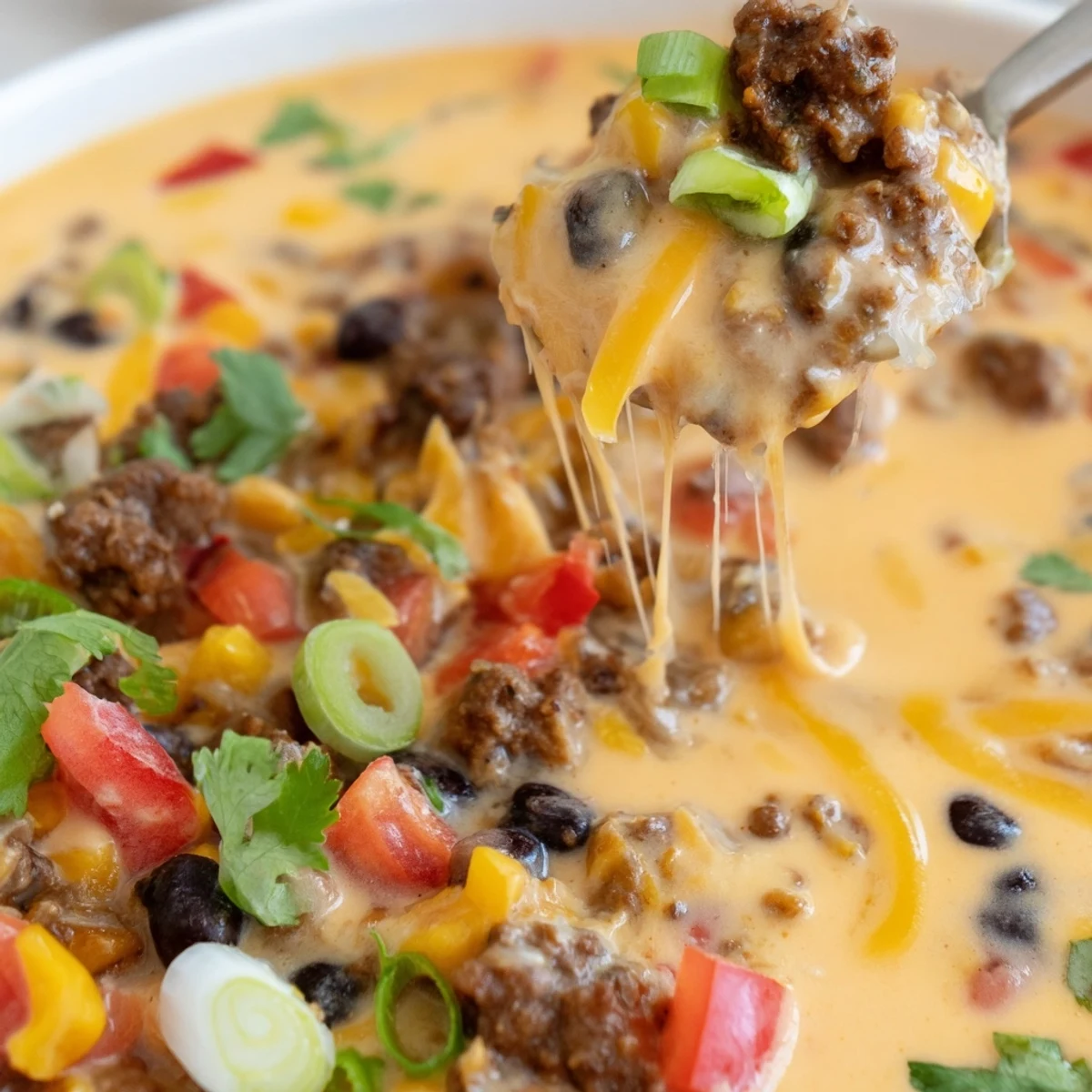 Creamy Spicy Cowboy Queso Dip with melted cheeses, chorizo, and colorful peppers served in a warm bowl