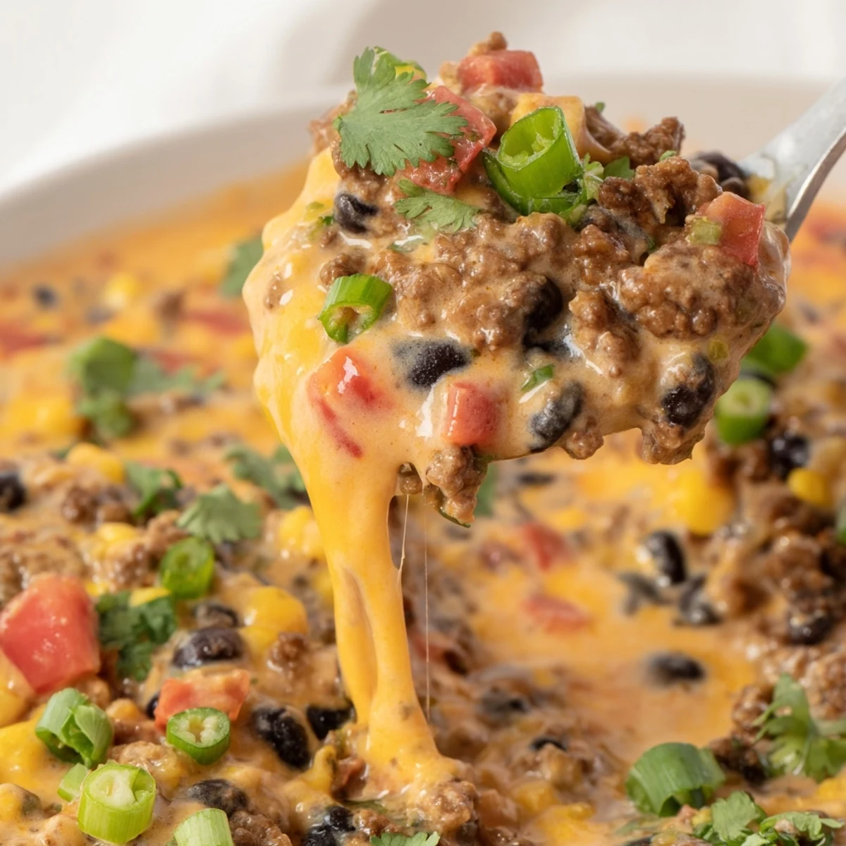 Golden Spicy Cowboy Queso Dip bubbling in a slow cooker with tortilla chips ready for party dipping