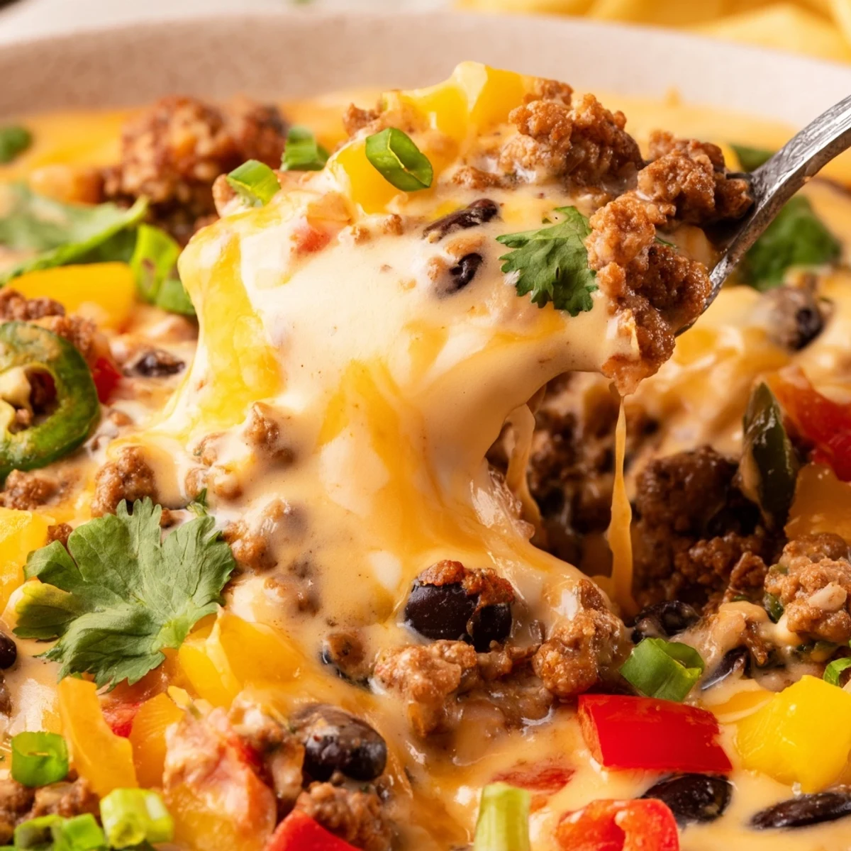Rich Spicy Cowboy Queso Dip featuring black beans and diced red peppers garnished with fresh green onions