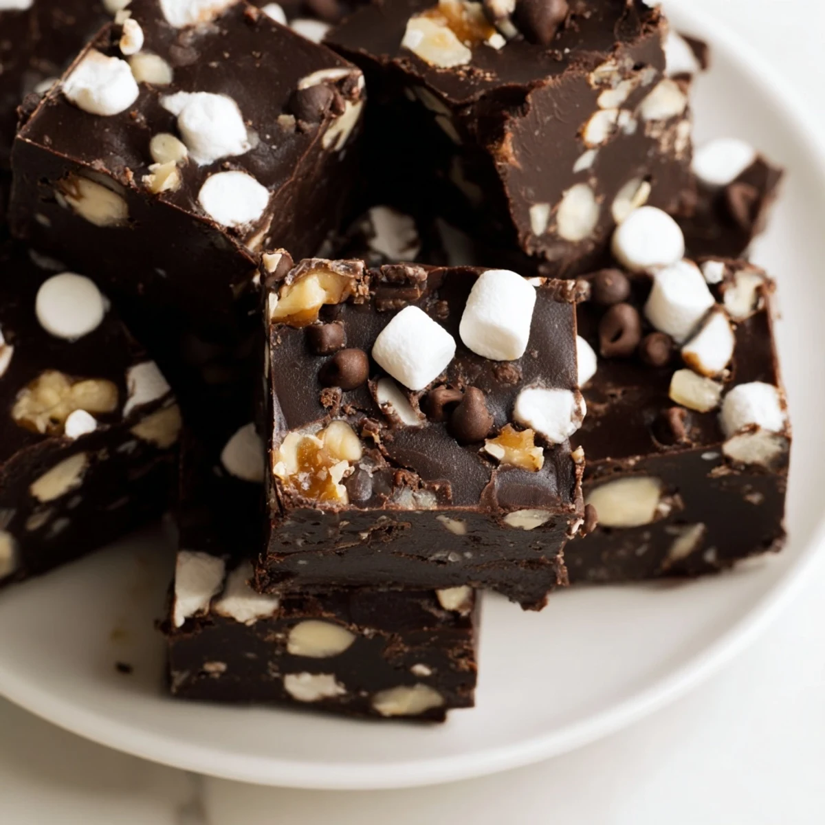 Rich chocolate easy rocky road fudge squares topped with gooey marshmallows and crunchy roasted peanuts